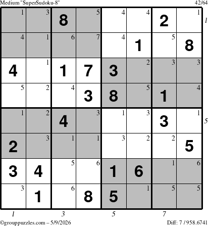 The grouppuzzles.com Medium SuperSudoku-8 puzzle for Saturday May 9, 2026 with all 7 steps marked