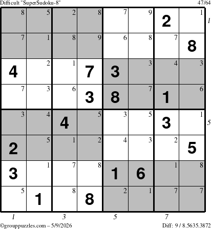 The grouppuzzles.com Difficult SuperSudoku-8 puzzle for Saturday May 9, 2026 with all 9 steps marked