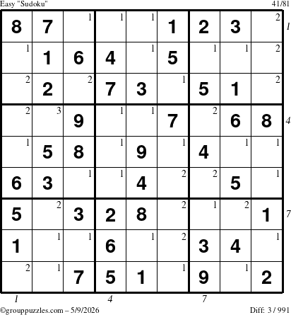 The grouppuzzles.com Easy Sudoku puzzle for Saturday May 9, 2026, suitable for printing, with all 3 steps marked
