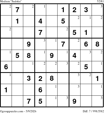 The grouppuzzles.com Medium Sudoku puzzle for Saturday May 9, 2026 with the first 3 steps marked