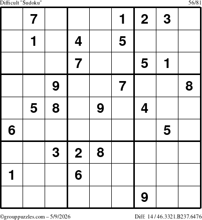 The grouppuzzles.com Difficult Sudoku puzzle for Saturday May 9, 2026
