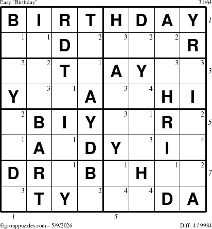 The grouppuzzles.com Easy Birthday puzzle for Saturday May 9, 2026 with all 4 steps marked