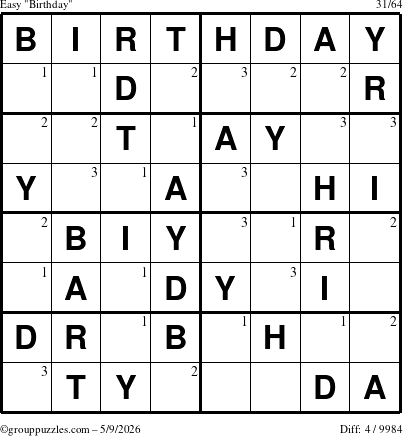 The grouppuzzles.com Easy Birthday puzzle for Saturday May 9, 2026 with the first 3 steps marked