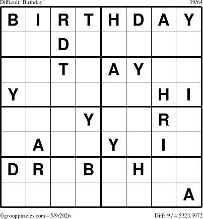 The grouppuzzles.com Difficult Birthday puzzle for Saturday May 9, 2026