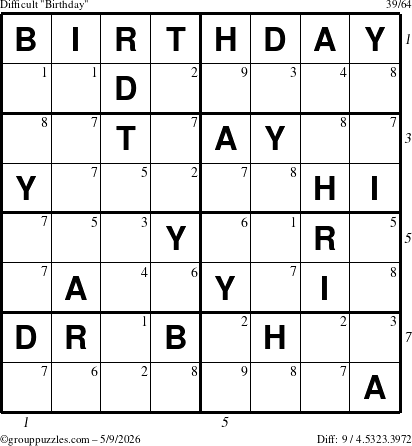 The grouppuzzles.com Difficult Birthday puzzle for Saturday May 9, 2026, suitable for printing, with all 9 steps marked