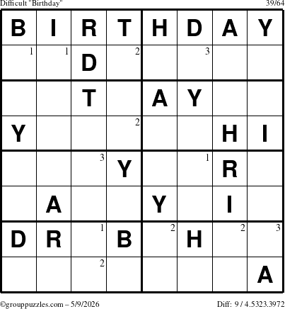 The grouppuzzles.com Difficult Birthday puzzle for Saturday May 9, 2026 with the first 3 steps marked