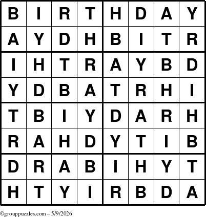 The grouppuzzles.com Answer grid for the Birthday puzzle for Saturday May 9, 2026