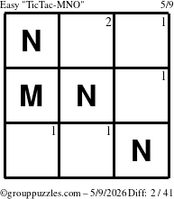 The grouppuzzles.com Easy TicTac-MNO puzzle for Saturday May 9, 2026 with the first 2 steps marked