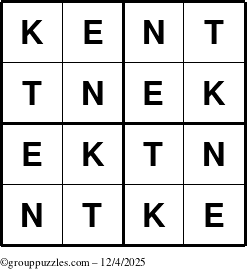 The grouppuzzles.com Answer grid for the Kent puzzle for Thursday December 4, 2025