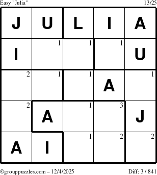 The grouppuzzles.com Easy Julia puzzle for Thursday December 4, 2025 with the first 3 steps marked