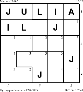 The grouppuzzles.com Medium Julia puzzle for Thursday December 4, 2025, suitable for printing, with all 5 steps marked