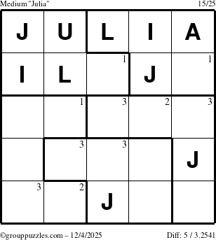 The grouppuzzles.com Medium Julia puzzle for Thursday December 4, 2025 with the first 3 steps marked