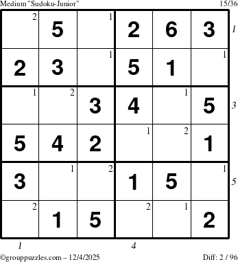 The grouppuzzles.com Medium Sudoku-Junior puzzle for Thursday December 4, 2025, suitable for printing, with all 2 steps marked