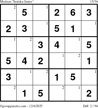The grouppuzzles.com Medium Sudoku-Junior puzzle for Thursday December 4, 2025 with the first 2 steps marked