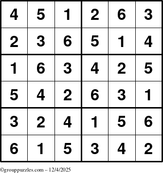 The grouppuzzles.com Answer grid for the Sudoku-Junior puzzle for Thursday December 4, 2025