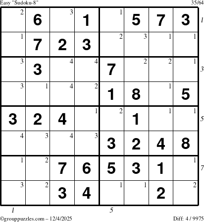 The grouppuzzles.com Easy Sudoku-8 puzzle for Thursday December 4, 2025, suitable for printing, with all 4 steps marked