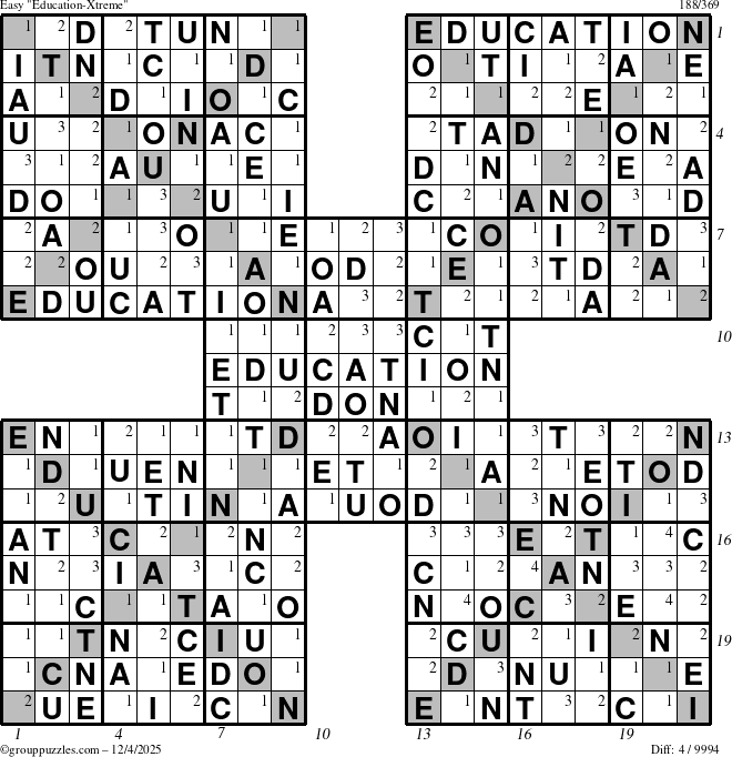 The grouppuzzles.com Easy Education-Xtreme puzzle for Thursday December 4, 2025 with all 4 steps marked