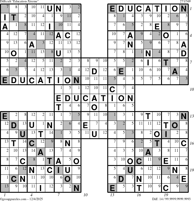 The grouppuzzles.com Difficult Education-Xtreme puzzle for Thursday December 4, 2025, suitable for printing, with all 14 steps marked
