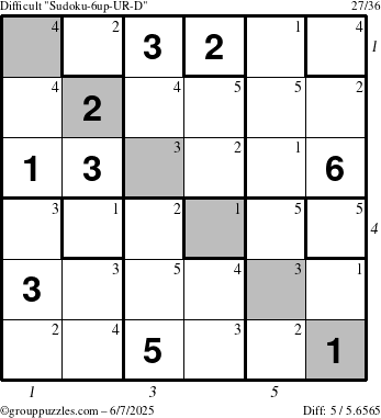 The grouppuzzles.com Difficult Sudoku-6up-UR-D puzzle for Saturday June 7, 2025 with all 5 steps marked