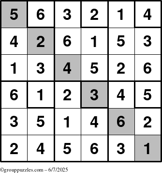 The grouppuzzles.com Answer grid for the Sudoku-6up-UR-D puzzle for Saturday June 7, 2025