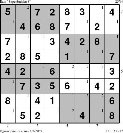 The grouppuzzles.com Easy SuperSudoku-8 puzzle for Saturday June 7, 2025 with all 3 steps marked