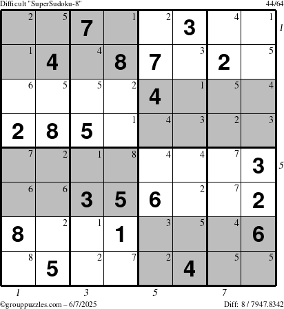 The grouppuzzles.com Difficult SuperSudoku-8 puzzle for Saturday June 7, 2025 with all 8 steps marked