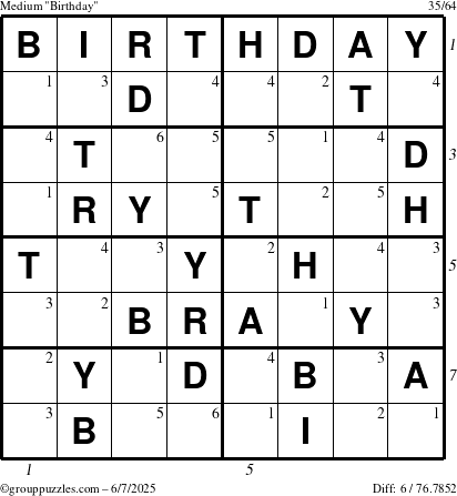 The grouppuzzles.com Medium Birthday puzzle for Saturday June 7, 2025 with all 6 steps marked