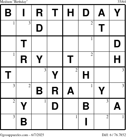 The grouppuzzles.com Medium Birthday puzzle for Saturday June 7, 2025 with the first 3 steps marked