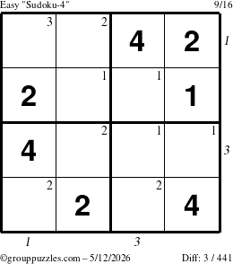 The grouppuzzles.com Easy Sudoku-4 puzzle for Tuesday May 12, 2026 with all 3 steps marked