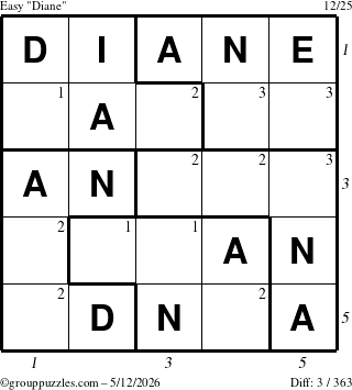 The grouppuzzles.com Easy Diane puzzle for Tuesday May 12, 2026 with all 3 steps marked