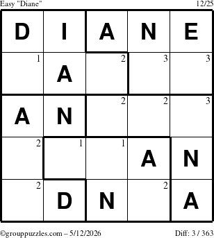 The grouppuzzles.com Easy Diane puzzle for Tuesday May 12, 2026 with the first 3 steps marked