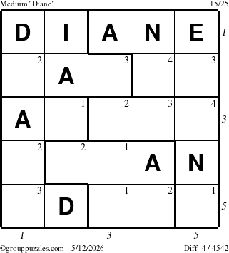 The grouppuzzles.com Medium Diane puzzle for Tuesday May 12, 2026, suitable for printing, with all 4 steps marked