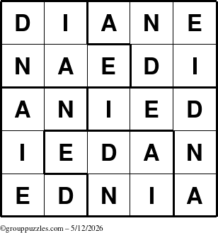 The grouppuzzles.com Answer grid for the Diane puzzle for Tuesday May 12, 2026