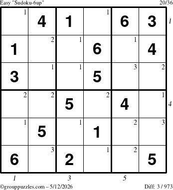 The grouppuzzles.com Easy Sudoku-6up puzzle for Tuesday May 12, 2026, suitable for printing, with all 3 steps marked