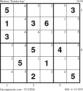 The grouppuzzles.com Medium Sudoku-6up puzzle for Tuesday May 12, 2026, suitable for printing, with all 6 steps marked