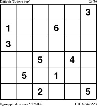The grouppuzzles.com Difficult Sudoku-6up puzzle for Tuesday May 12, 2026