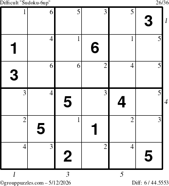 The grouppuzzles.com Difficult Sudoku-6up puzzle for Tuesday May 12, 2026 with all 6 steps marked