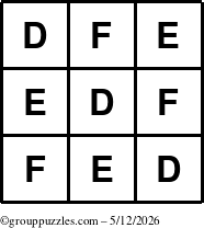 The grouppuzzles.com Answer grid for the TicTac-DEF puzzle for Tuesday May 12, 2026