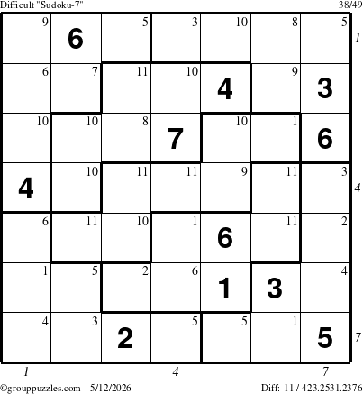 The grouppuzzles.com Difficult Sudoku-7 puzzle for Tuesday May 12, 2026, suitable for printing, with all 11 steps marked