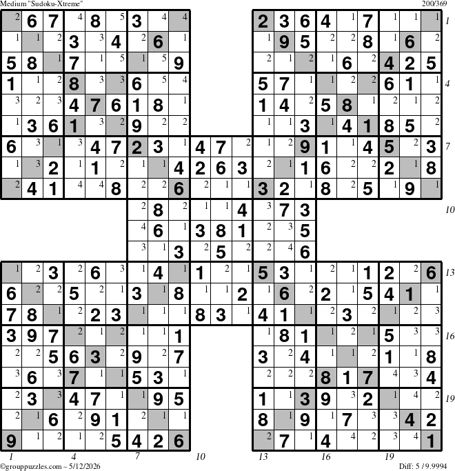 The grouppuzzles.com Medium Sudoku-Xtreme puzzle for Tuesday May 12, 2026 with all 5 steps marked