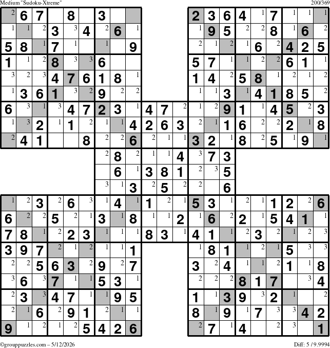 The grouppuzzles.com Medium Sudoku-Xtreme puzzle for Tuesday May 12, 2026 with the first 3 steps marked