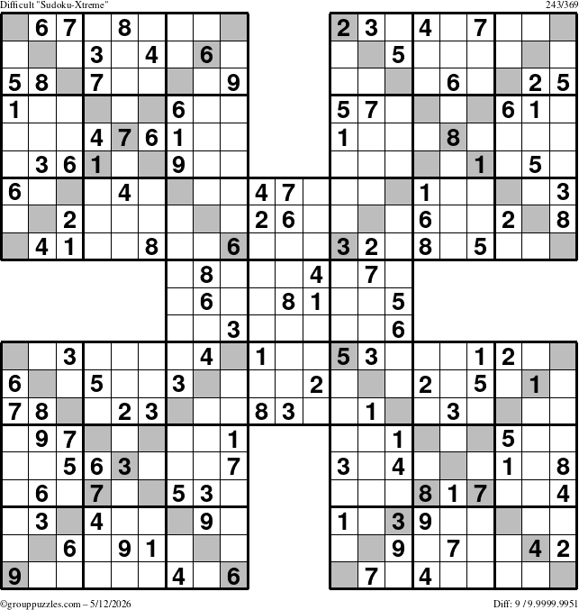 The grouppuzzles.com Difficult Sudoku-Xtreme puzzle for Tuesday May 12, 2026