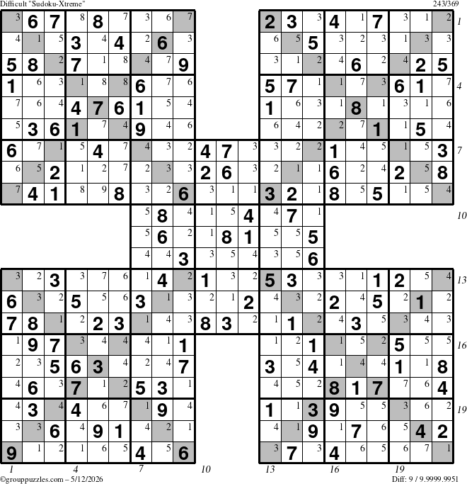 The grouppuzzles.com Difficult Sudoku-Xtreme puzzle for Tuesday May 12, 2026, suitable for printing, with all 9 steps marked