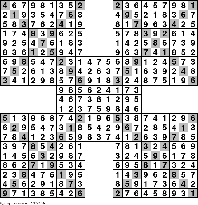 The grouppuzzles.com Answer grid for the Sudoku-Xtreme puzzle for Tuesday May 12, 2026
