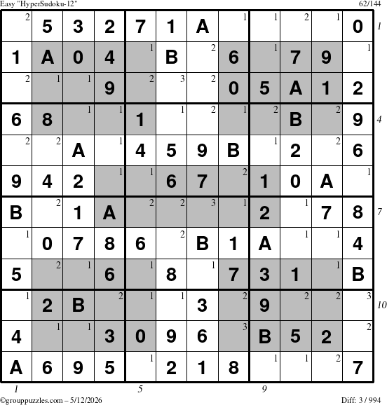 The grouppuzzles.com Easy HyperSudoku-12 puzzle for Tuesday May 12, 2026 with all 3 steps marked