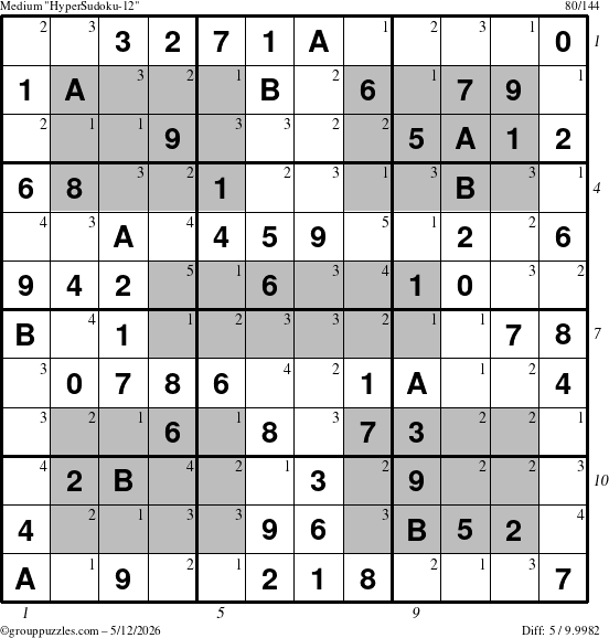 The grouppuzzles.com Medium HyperSudoku-12 puzzle for Tuesday May 12, 2026 with all 5 steps marked