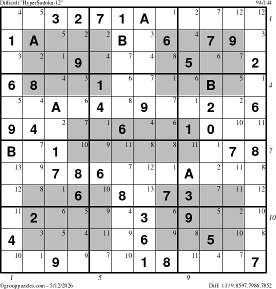 The grouppuzzles.com Difficult HyperSudoku-12 puzzle for Tuesday May 12, 2026, suitable for printing, with all 13 steps marked