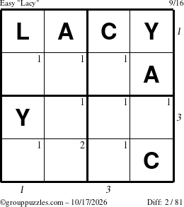 The grouppuzzles.com Easy Lacy puzzle for Saturday October 17, 2026 with all 2 steps marked