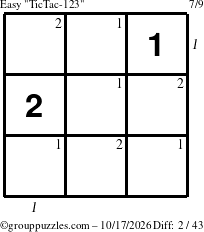 The grouppuzzles.com Easy TicTac-123 puzzle for Saturday October 17, 2026 with all 2 steps marked