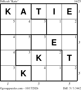 The grouppuzzles.com Difficult Katie puzzle for Saturday October 17, 2026, suitable for printing, with all 5 steps marked